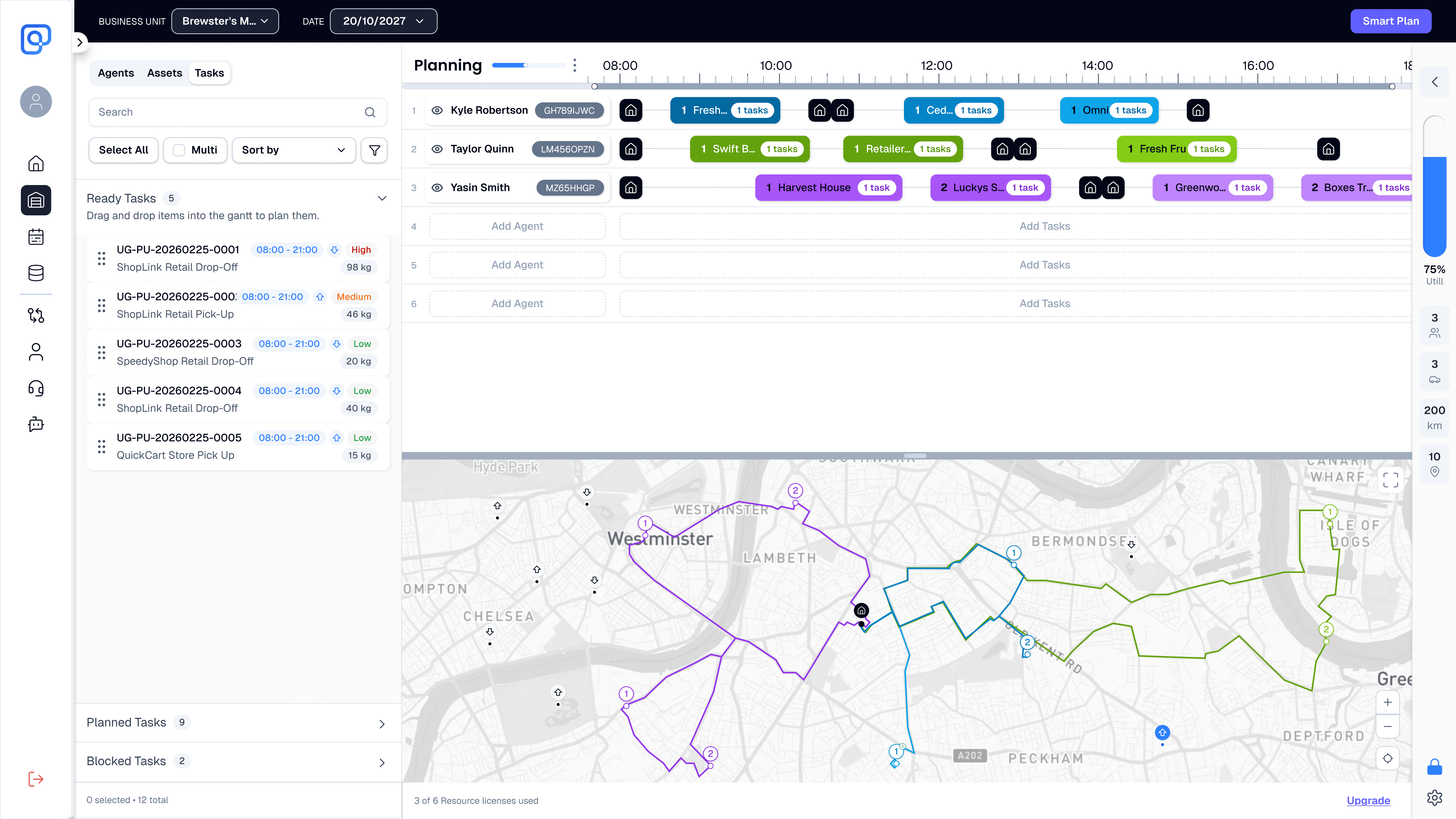 Luminar Works Trip Planner showing three agents' task timelines beside a live map of their optimized routes.