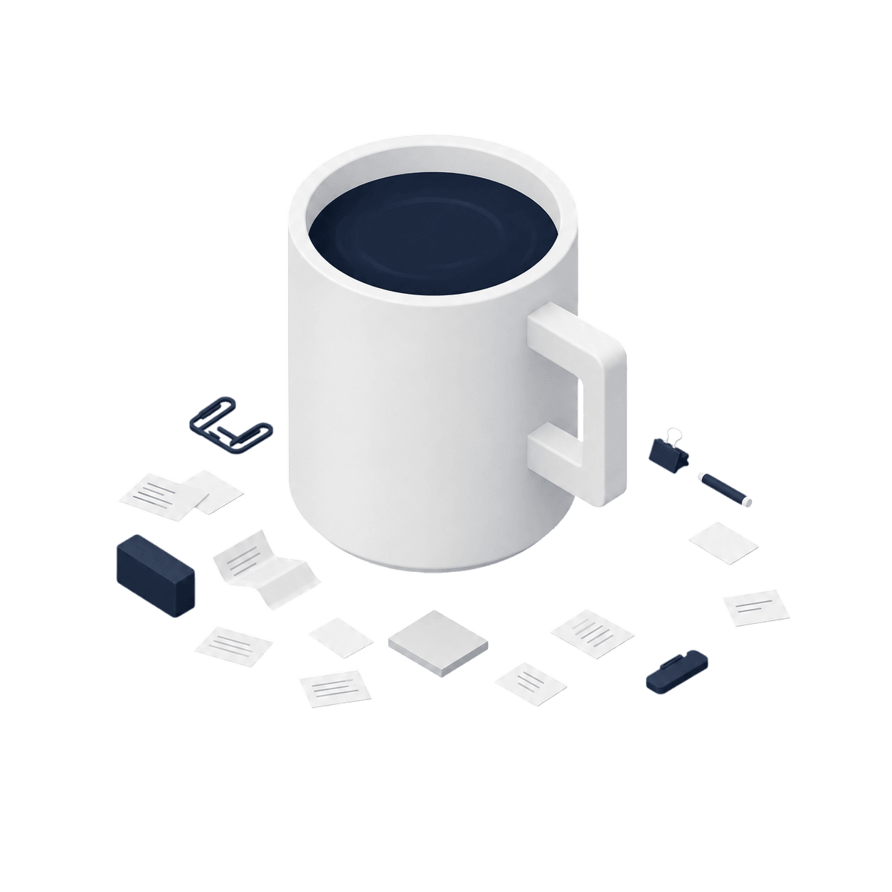 Coffee mug surrounded by scattered paper notes and clips.