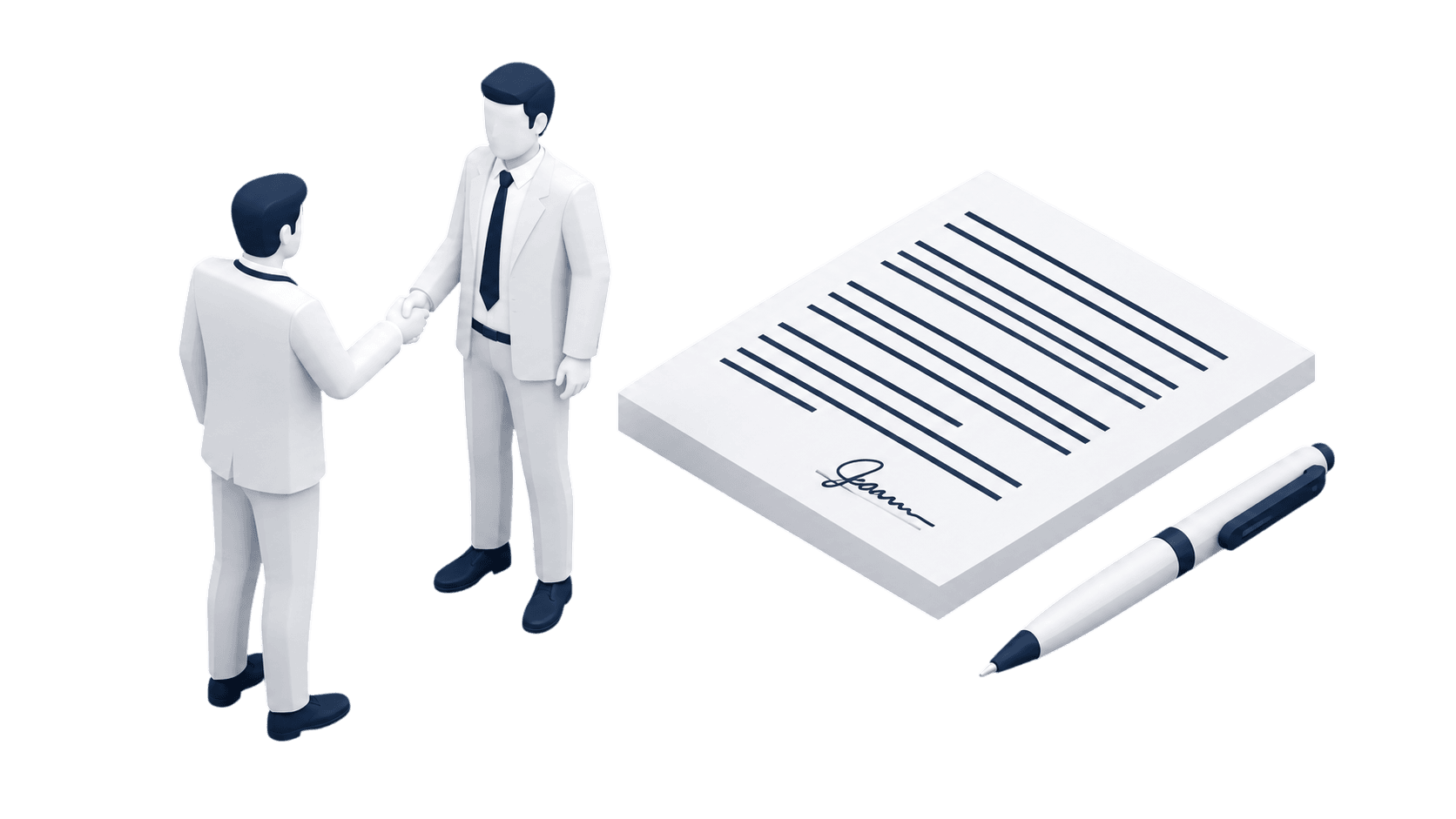 Two business people shaking hands beside a signed agreement.