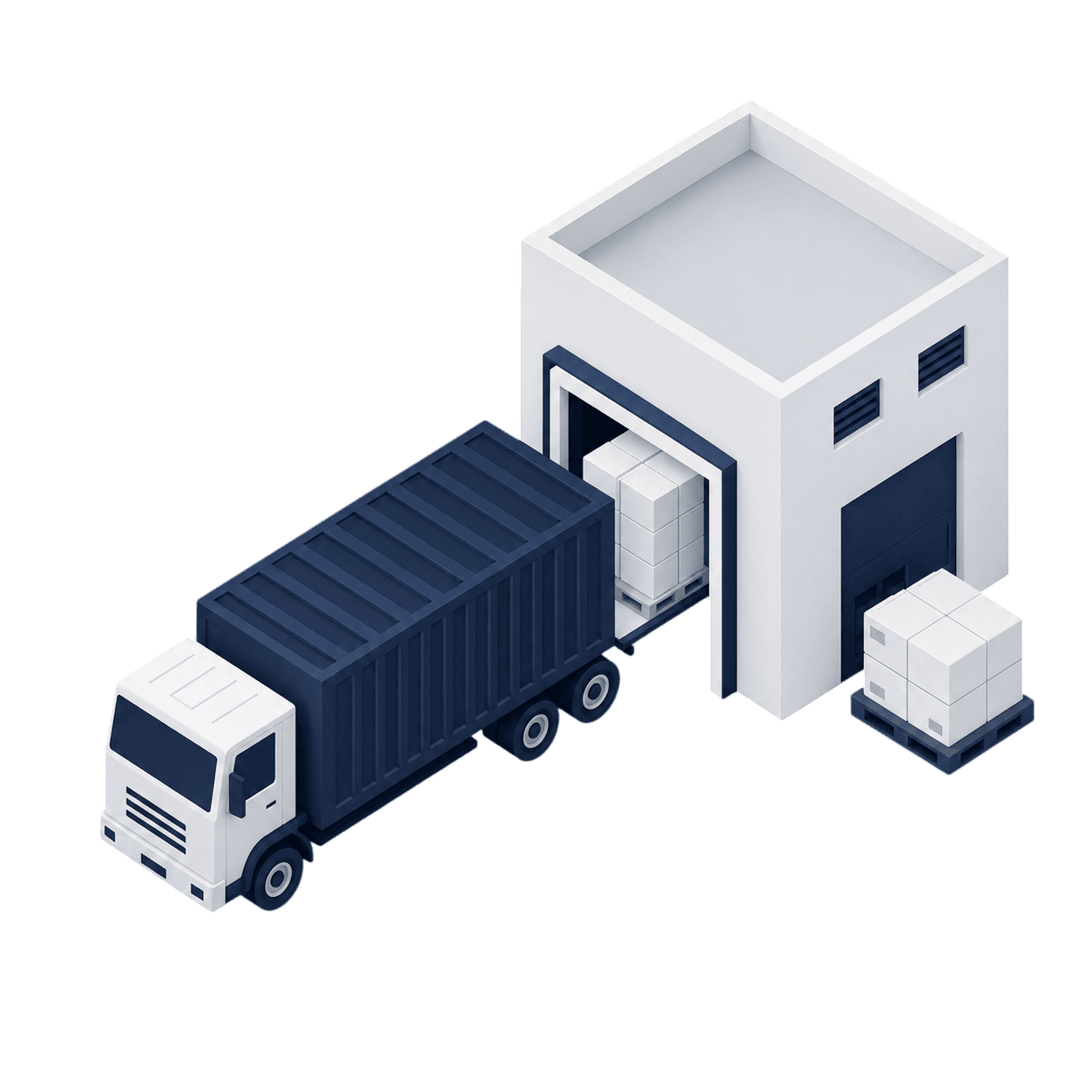 Freight truck loading pallets at a warehouse dock.